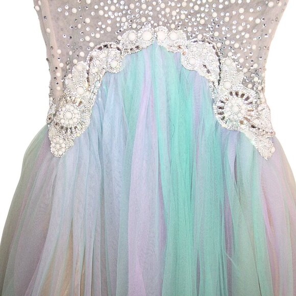 FORMAL TEAL & PURPLE TULLE BALLGOWN W/CRYSTAL & PEARL BODICE EVENING DRESS - Picture 5 of 11